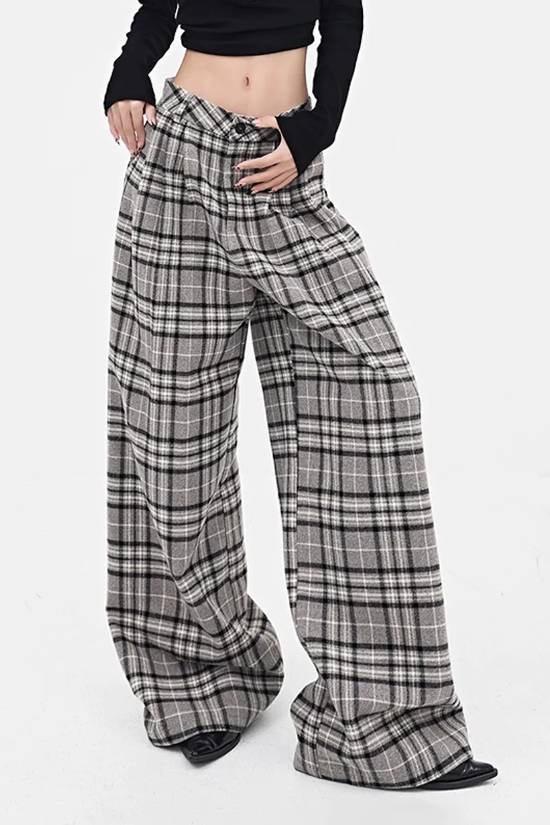 Baggy Plaid Low-Rise Wide-Leg Faux Wool Pants