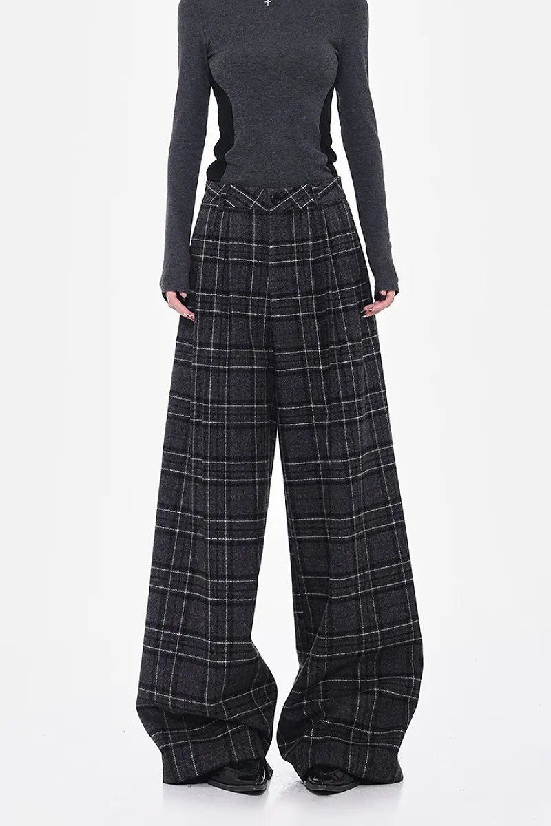 Baggy Plaid Low-Rise Wide-Leg Faux Wool Pants