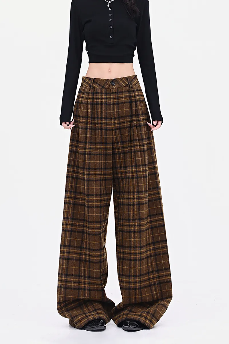 Baggy Plaid Low-Rise Wide-Leg Faux Wool Pants