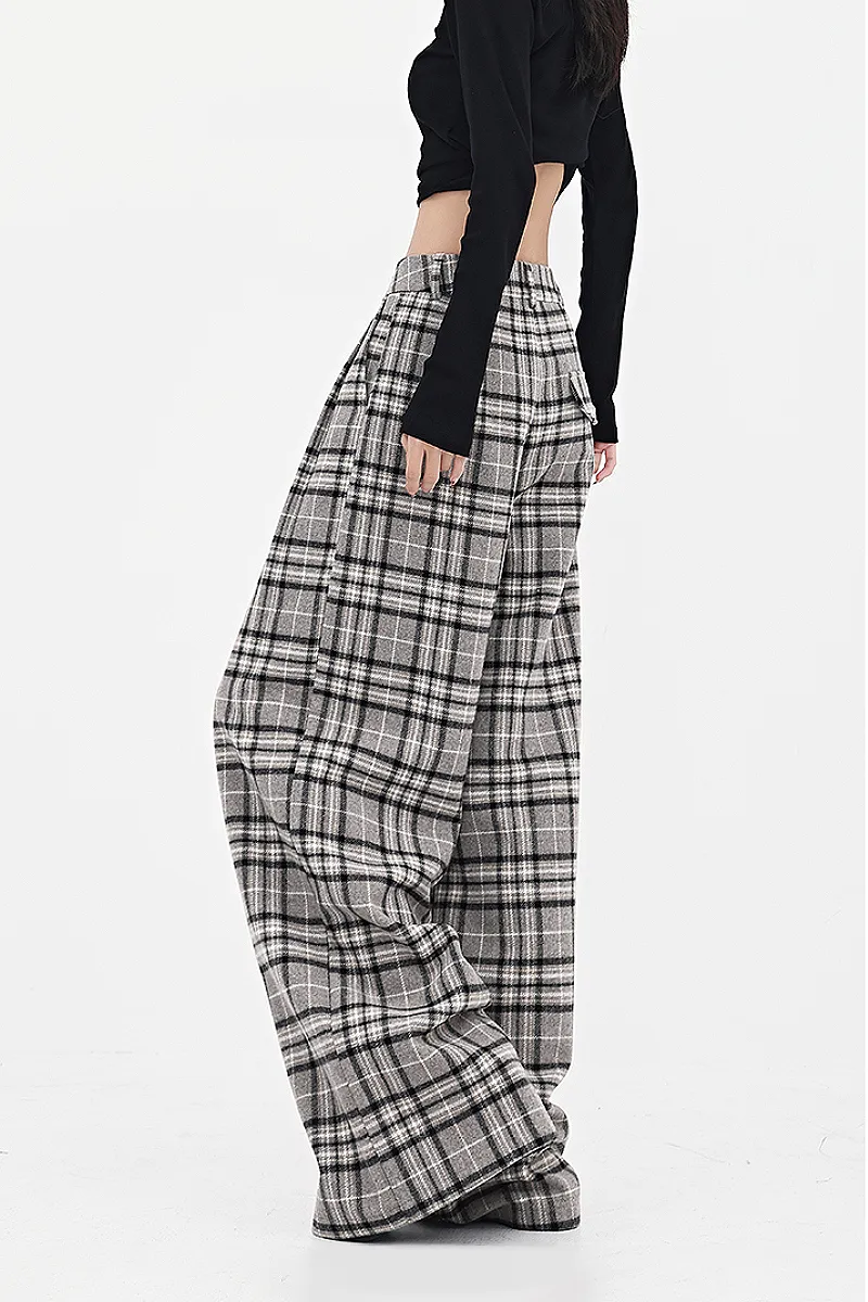 Baggy Plaid Low-Rise Wide-Leg Faux Wool Pants