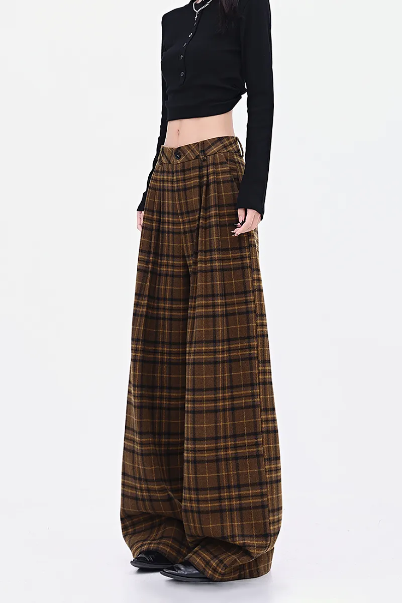 Baggy Plaid Low-Rise Wide-Leg Faux Wool Pants