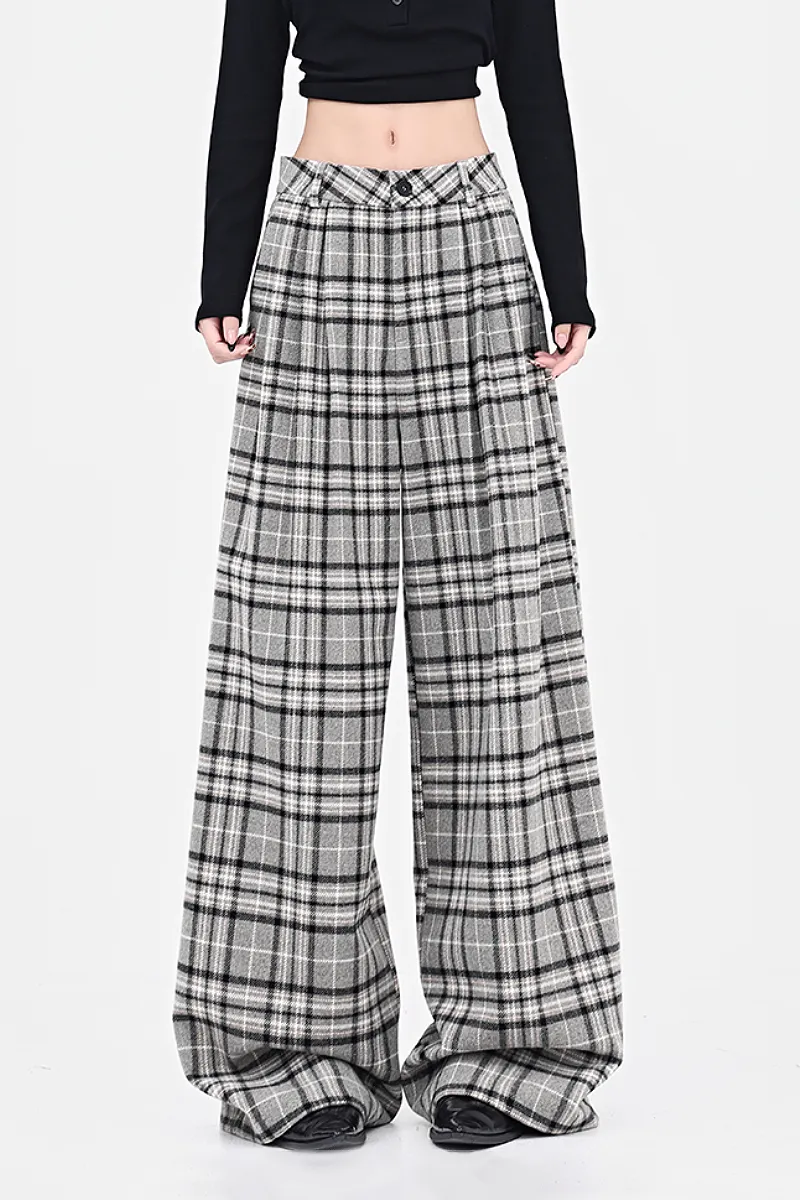 Baggy Plaid Low-Rise Wide-Leg Faux Wool Pants