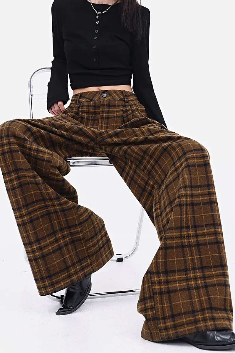 Baggy Plaid Low-Rise Wide-Leg Faux Wool Pants