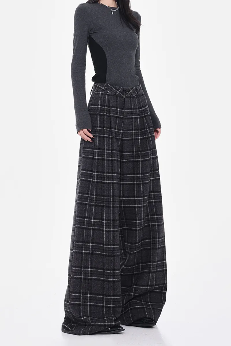 Baggy Plaid Low-Rise Wide-Leg Faux Wool Pants