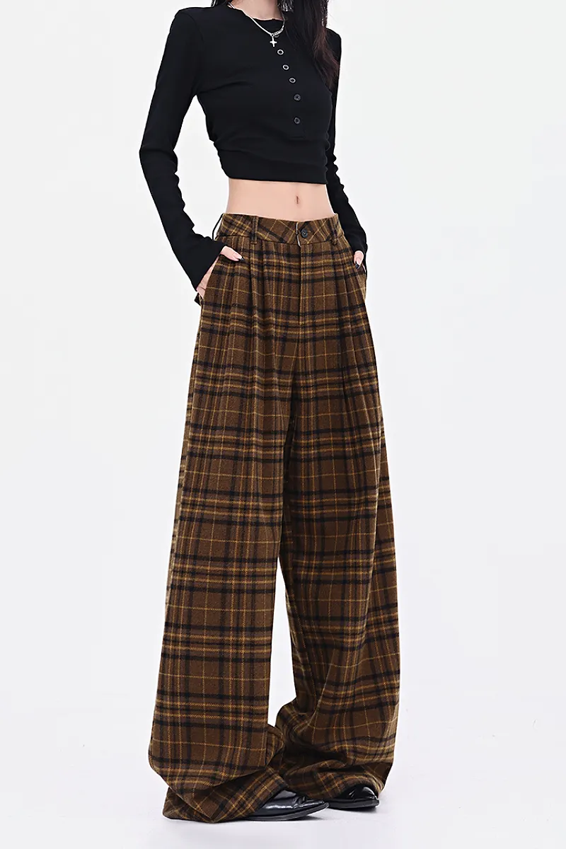 Baggy Plaid Low-Rise Wide-Leg Faux Wool Pants