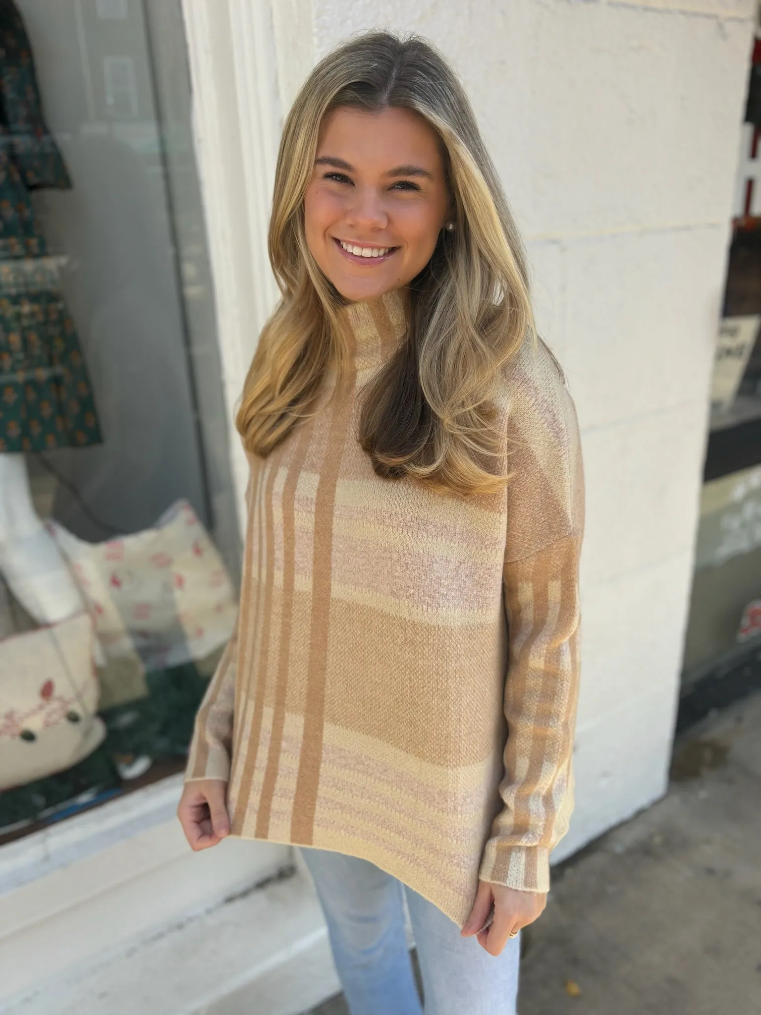 Beige Mock Neck Knit Sweater