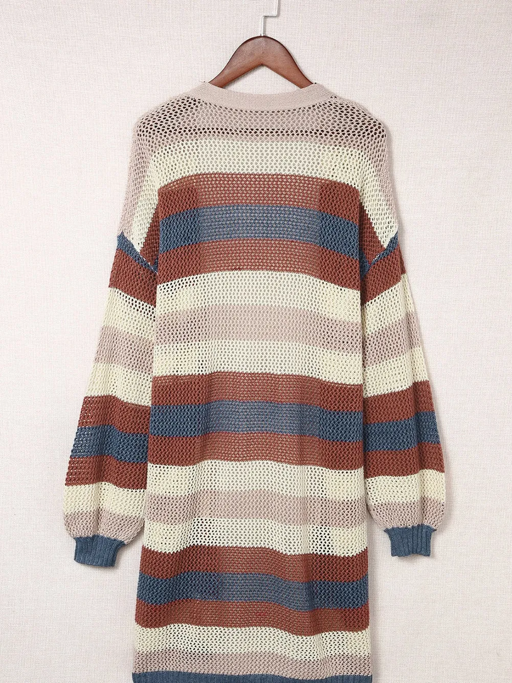 Blue Striped Hollow Knit Cardigan with Color Block Detail