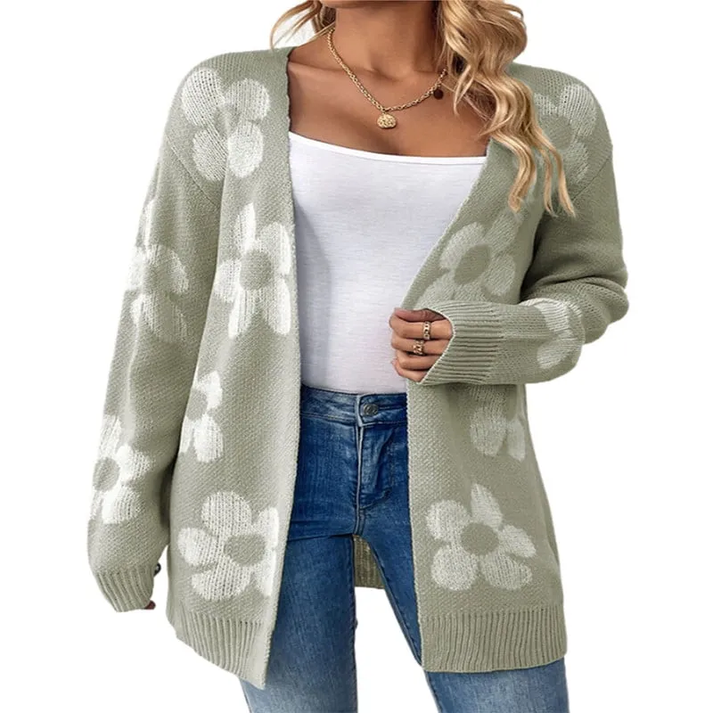 Casual Loose Daisy Print Open Front Cardigan