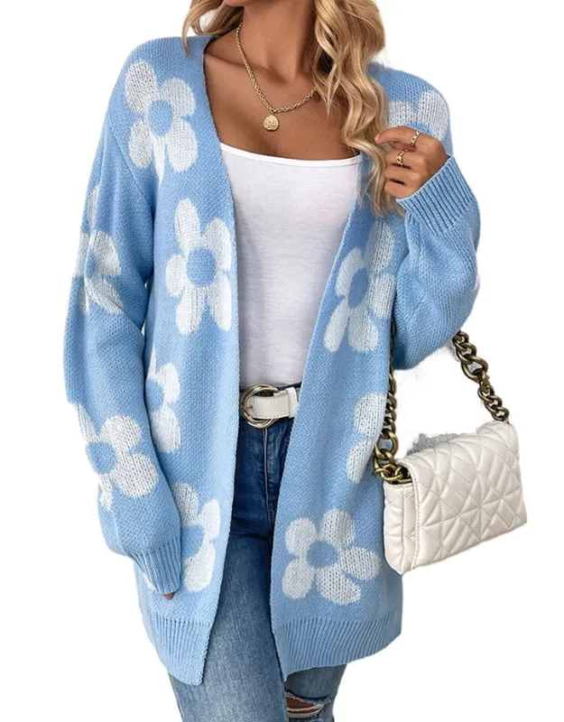 Casual Loose Daisy Print Open Front Cardigan