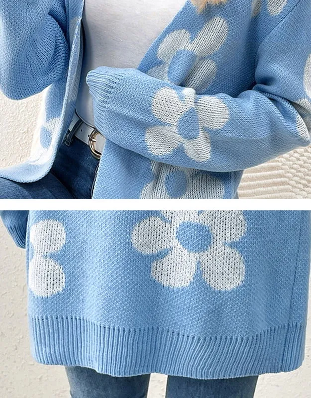 Casual Loose Daisy Print Open Front Cardigan