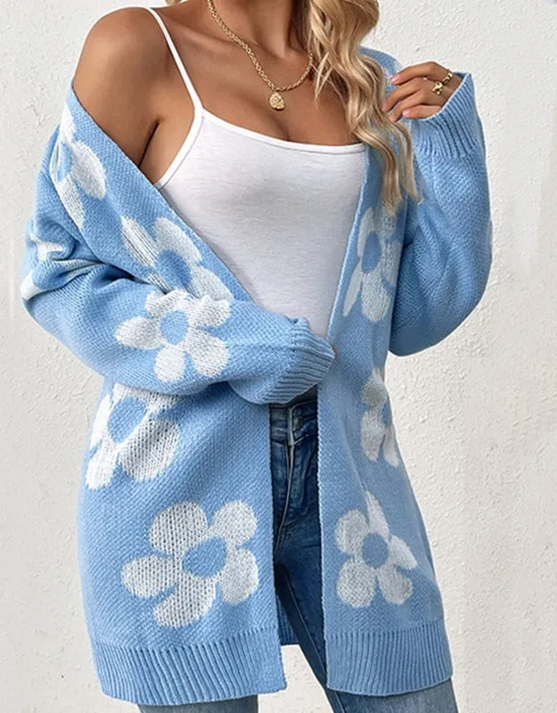 Casual Loose Daisy Print Open Front Cardigan