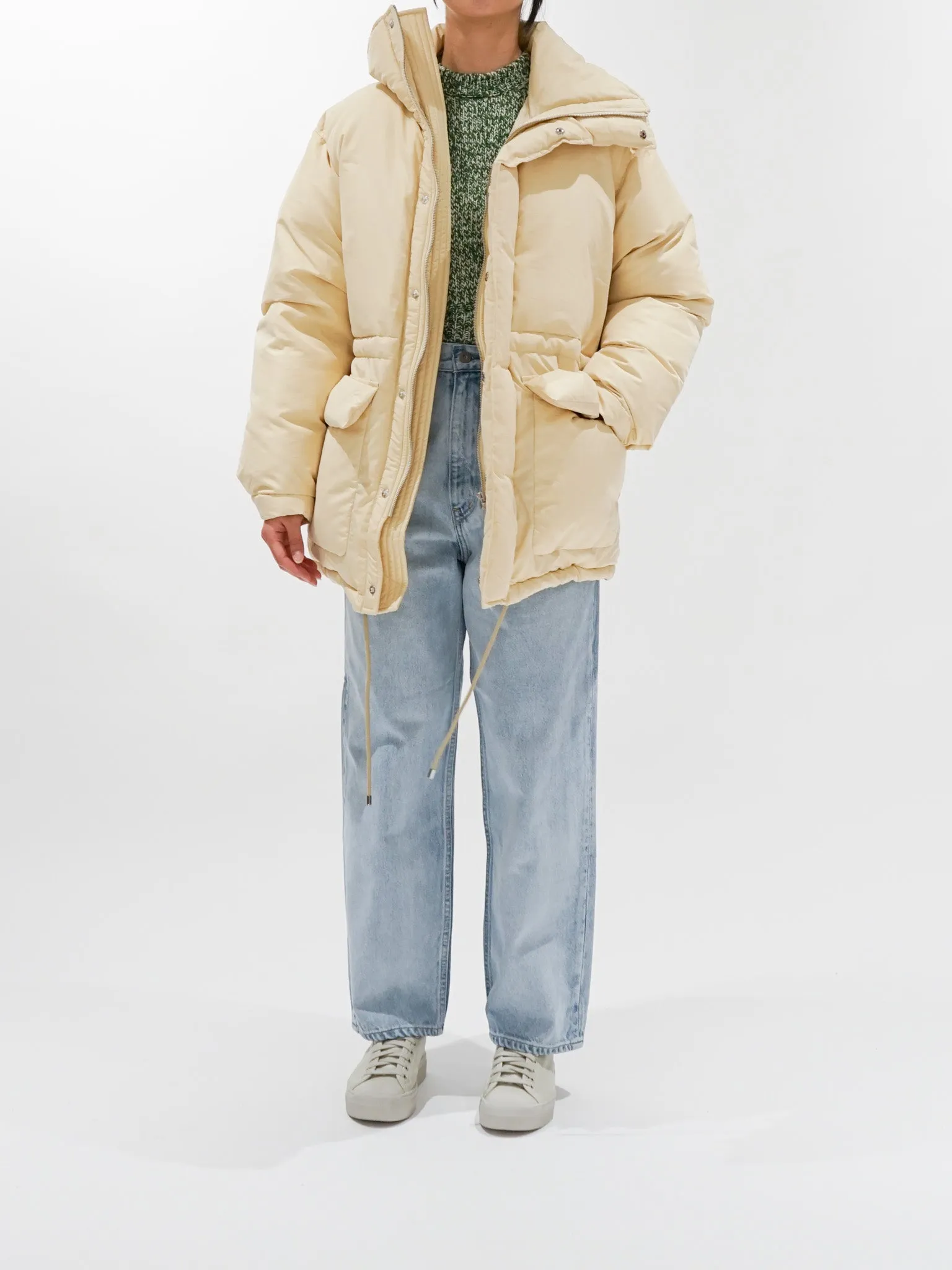 Fine Polyester Chambray Down Coat - Light Ivory Chambray