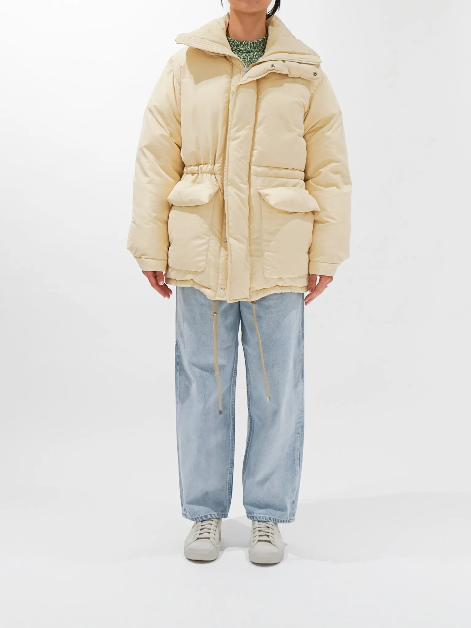 Fine Polyester Chambray Down Coat - Light Ivory Chambray