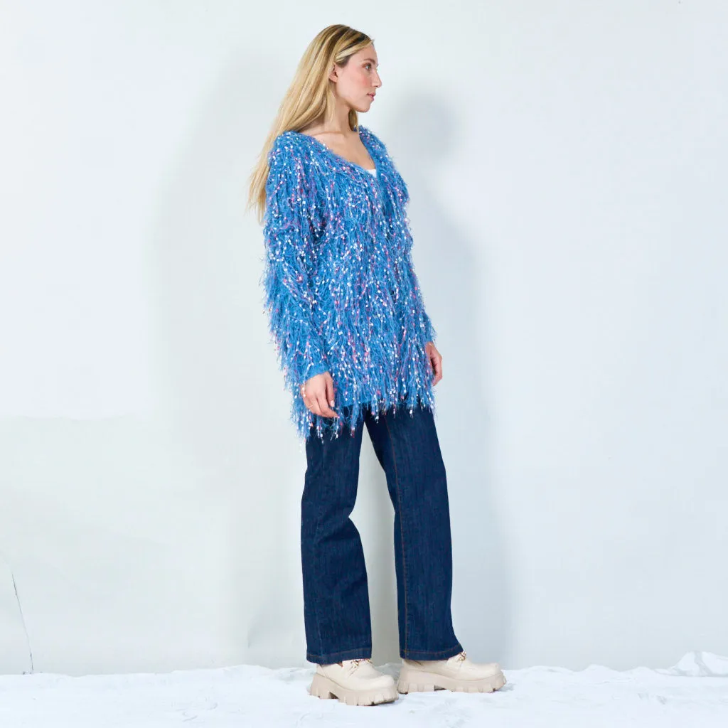 Glamorous sequin shaggy longsleeve cardigan wholesale