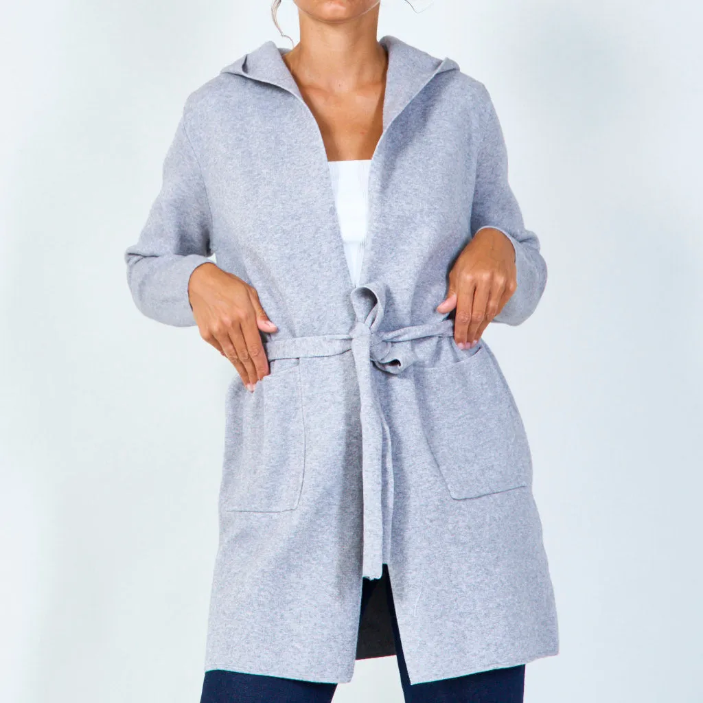 Hooded belted cardigan with pockets wholesale