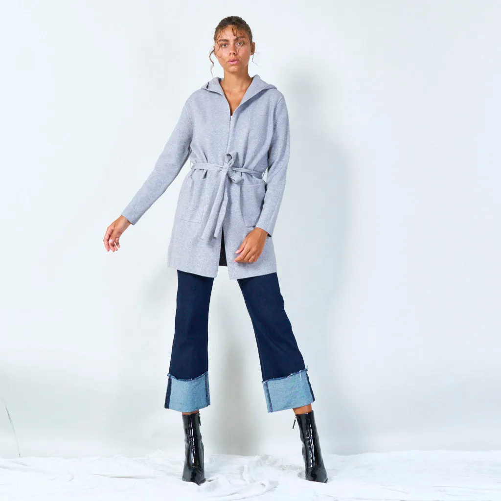 Hooded belted cardigan with pockets wholesale