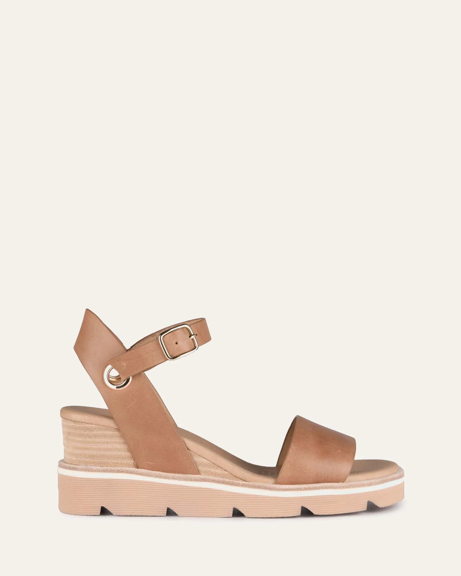 KATIE MID HEEL WEDGE SANDALS TAN LEATHER