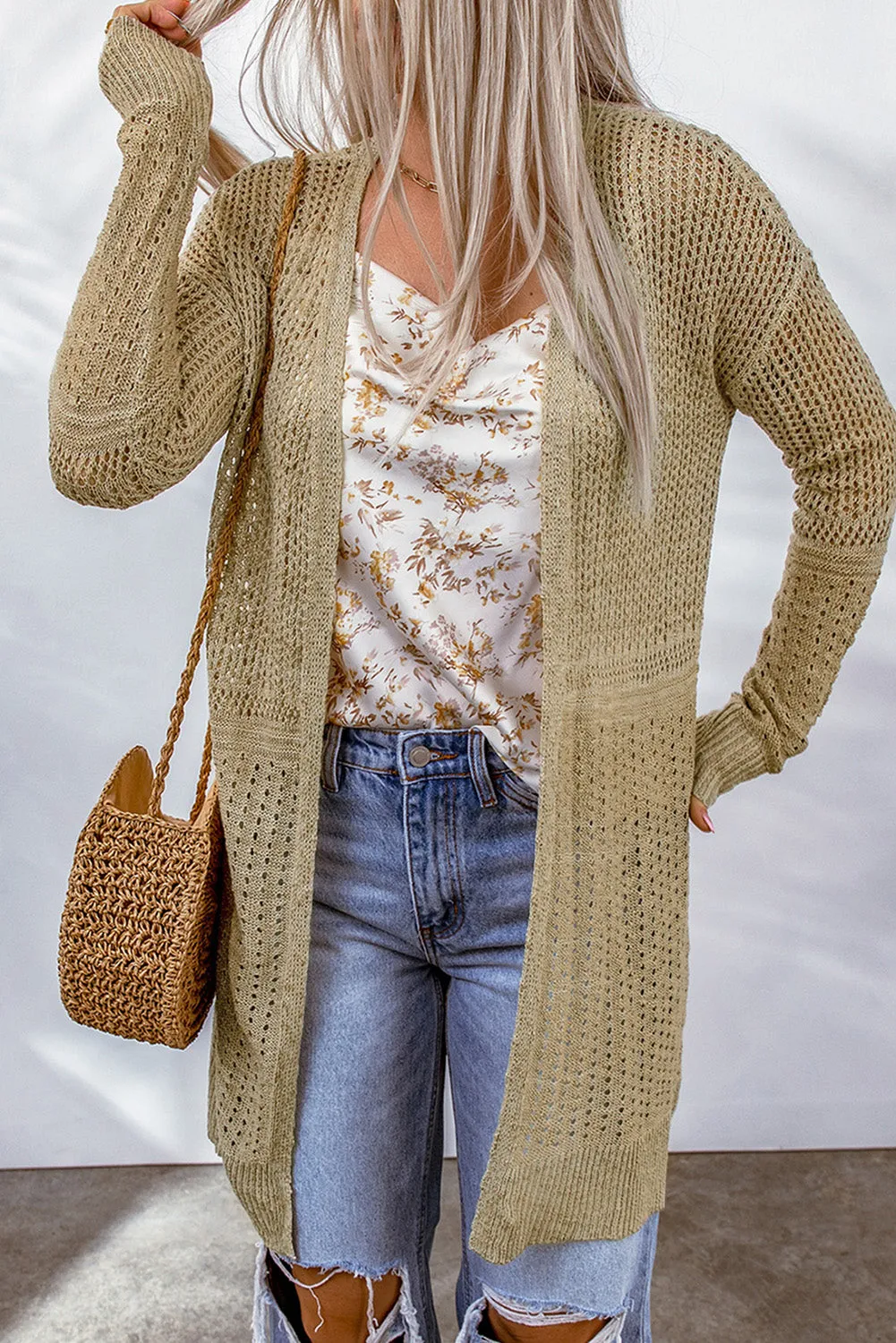 Lightweight Hollowed Knit Open Front Cardigan