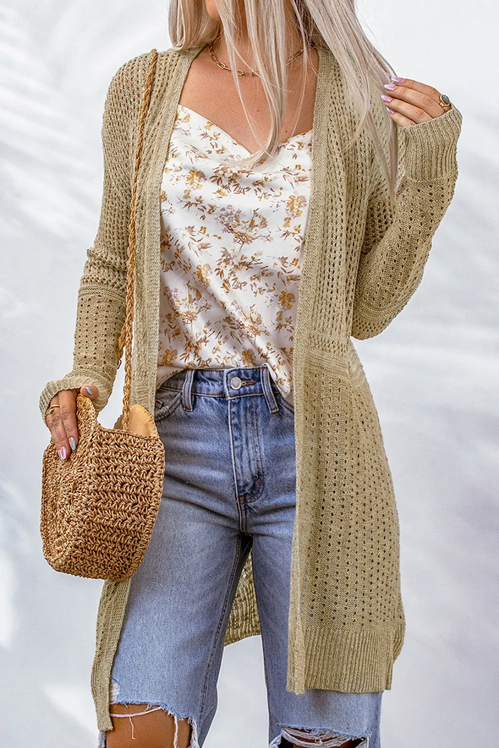 Lightweight Hollowed Knit Open Front Cardigan