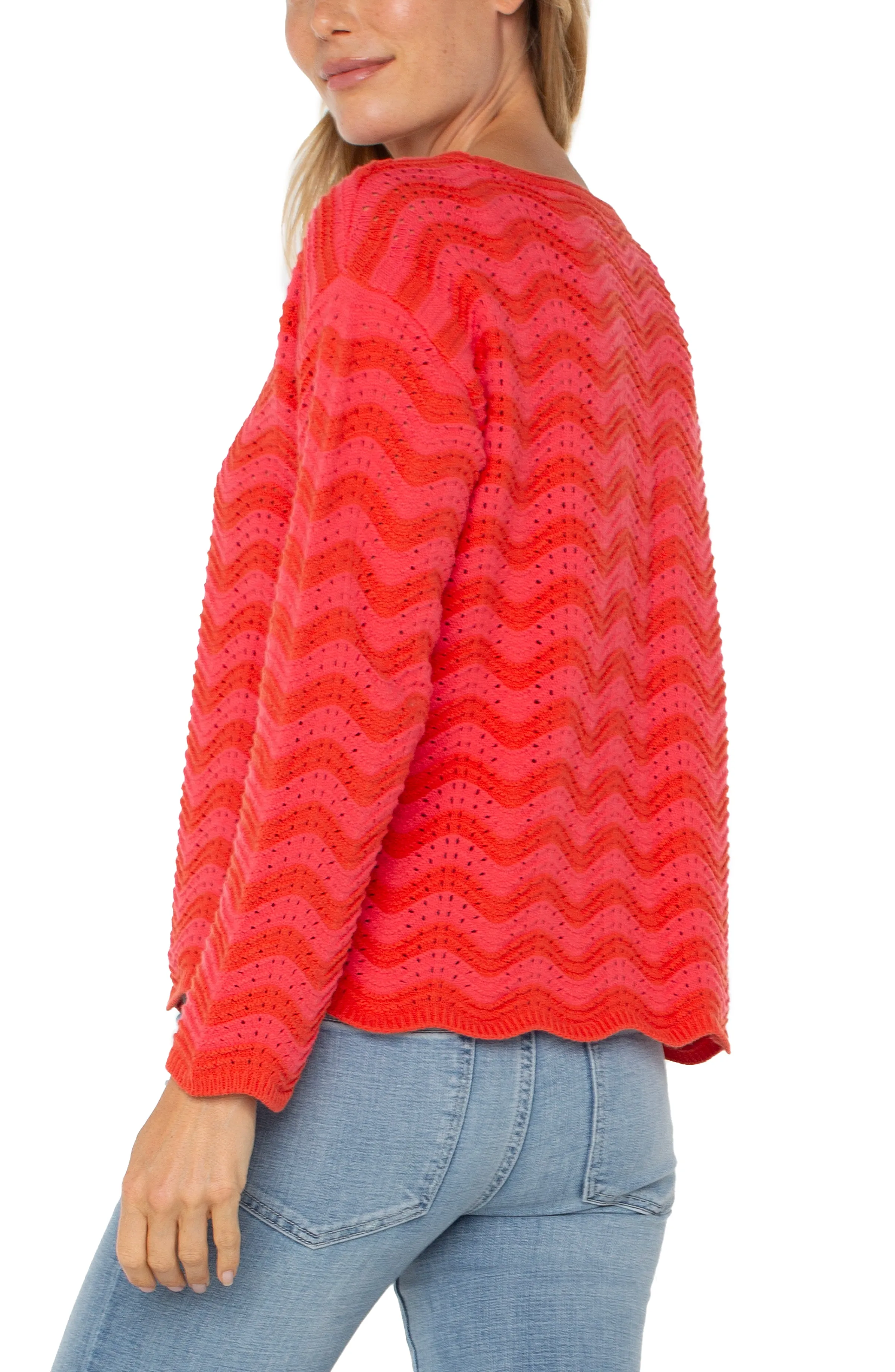 Liverpool Long Sleeve Boat Neck Scallop Hem Sweater (Pink/Red Stripe)