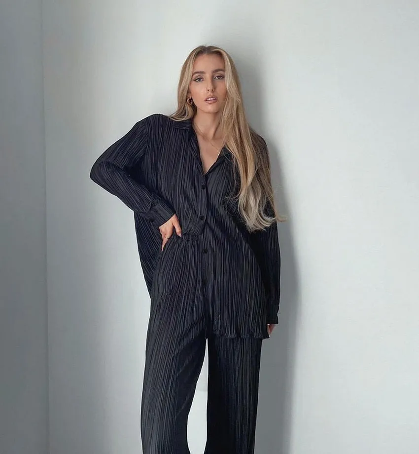 Milano Pleated Two-Piece Shirt and High-Waist Pants Set