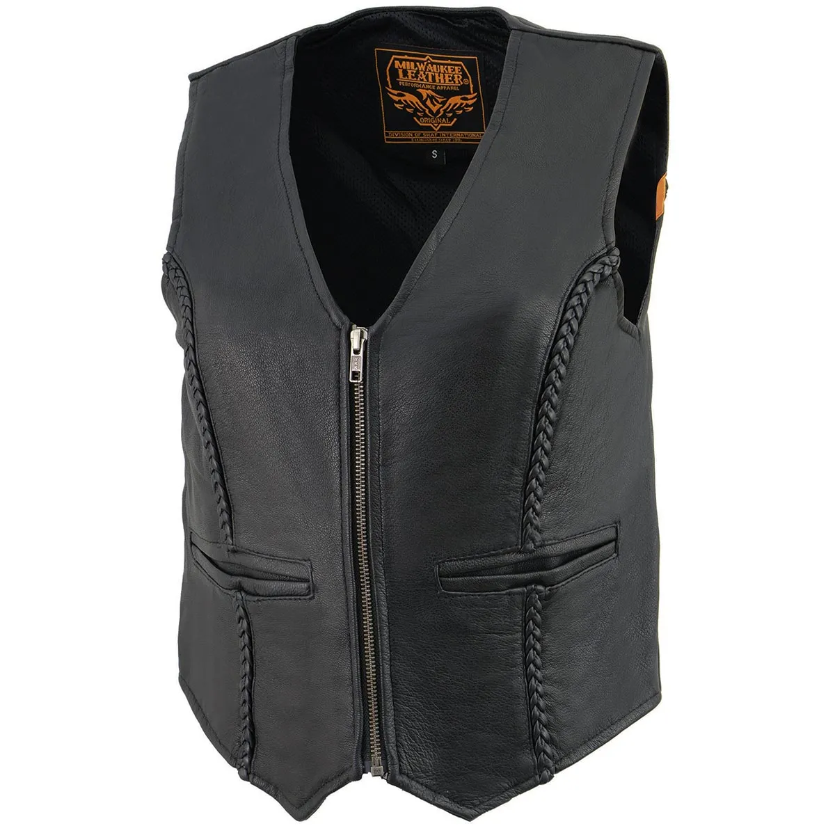 Milwaukee Leather MLL4550 Women's Black Premium Leather Classic Braided Deep V-Neck Motorcycle Rider Vest W/Front Zip