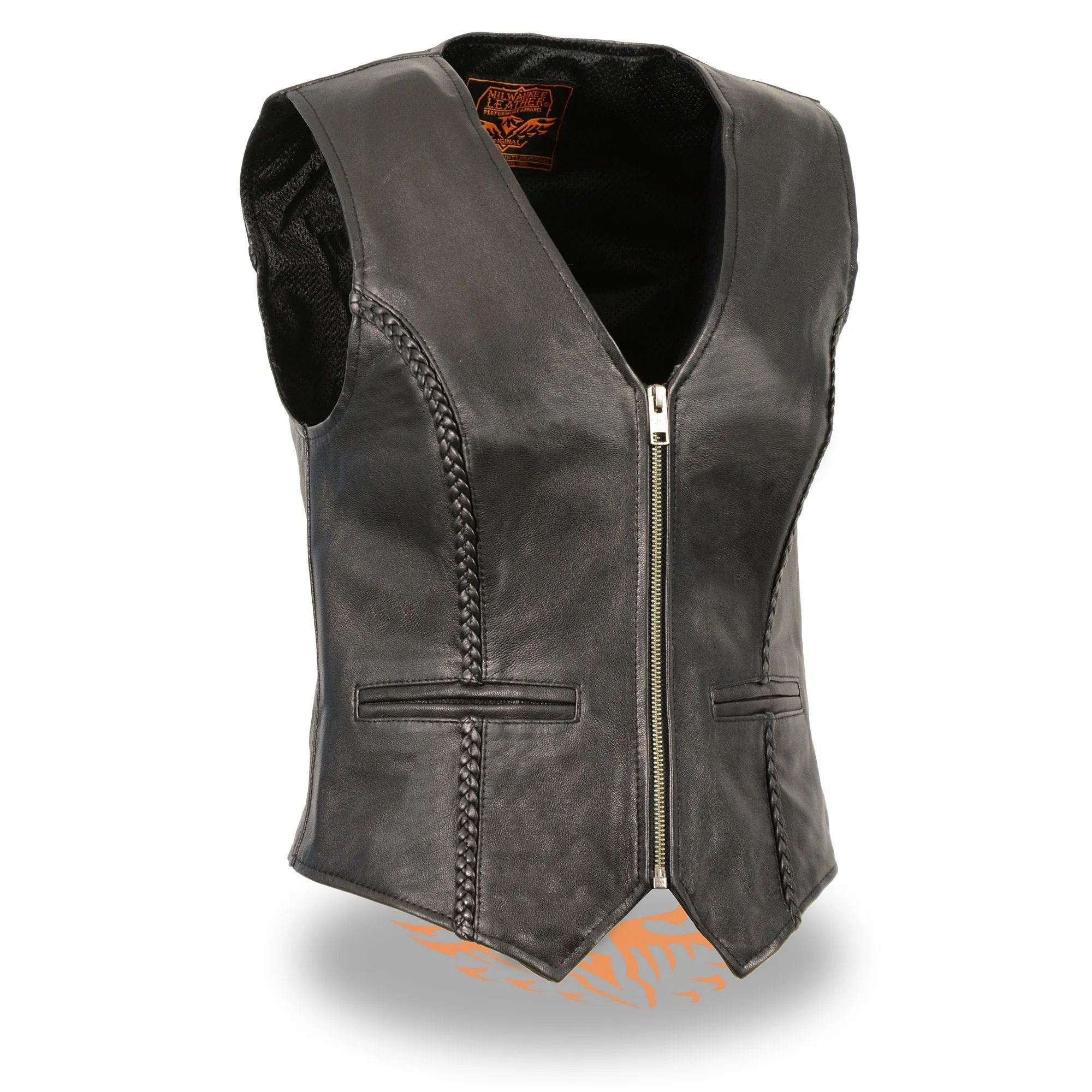 Milwaukee Leather MLL4550 Women's Black Premium Leather Classic Braided Deep V-Neck Motorcycle Rider Vest W/Front Zip