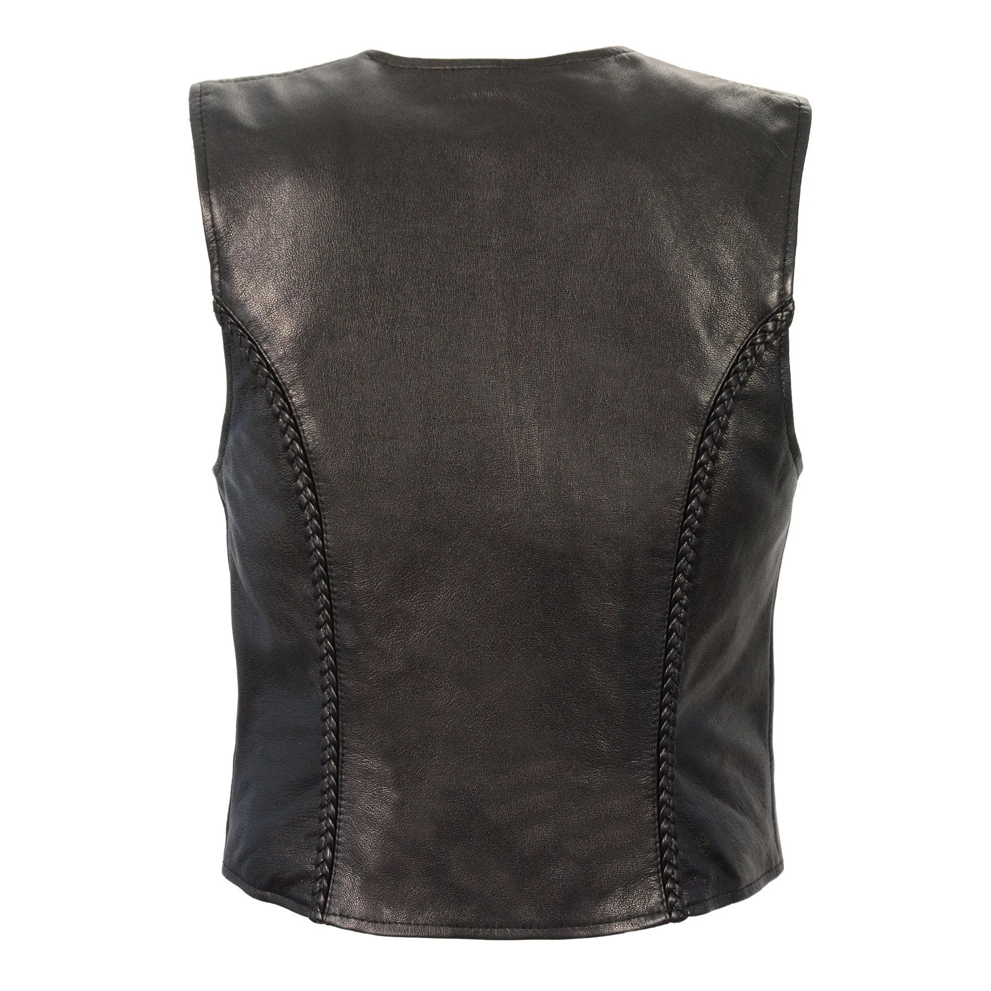 Milwaukee Leather MLL4550 Women's Black Premium Leather Classic Braided Deep V-Neck Motorcycle Rider Vest W/Front Zip