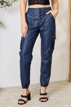 Navy Blue Faux Leather High Waist Cargo Pants