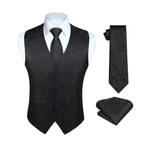 Paisley Floral 3pc Suit Vest Set - BLACK-2