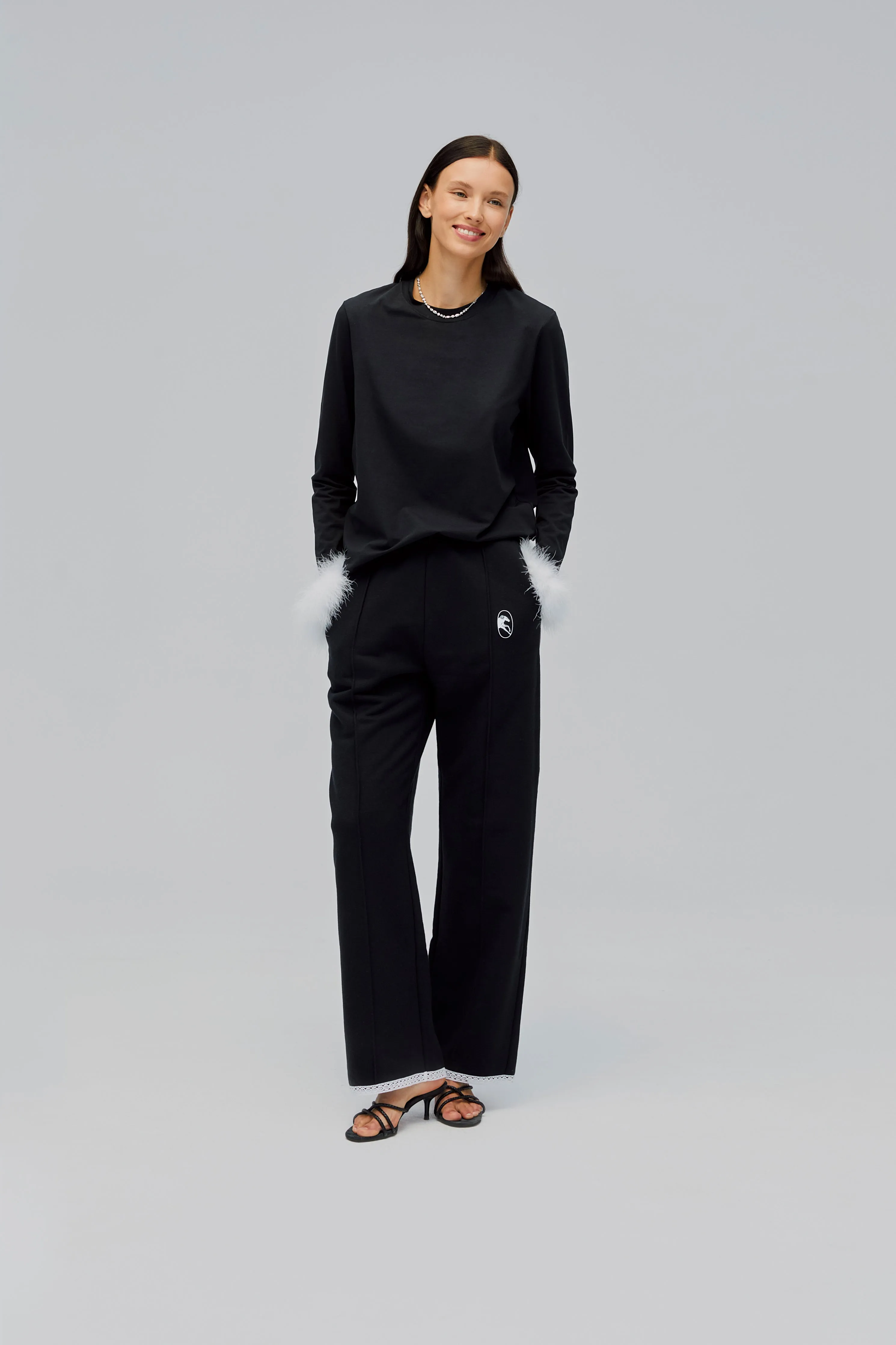 Relaxed Stretch-cotton Jersey Pants with Lace in Black