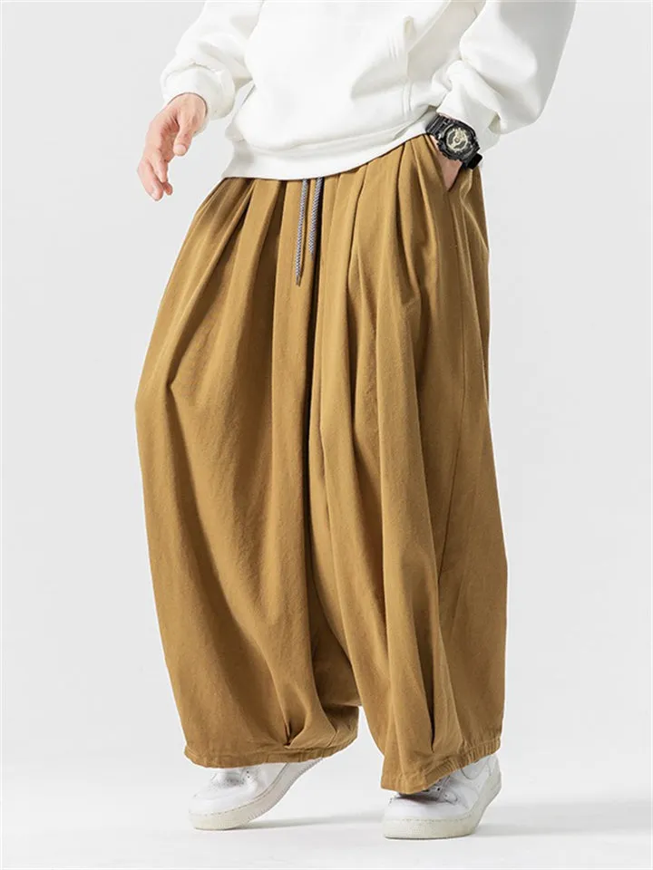 Simple Relaxed Fit Drawstring Wide Leg Pants for Men