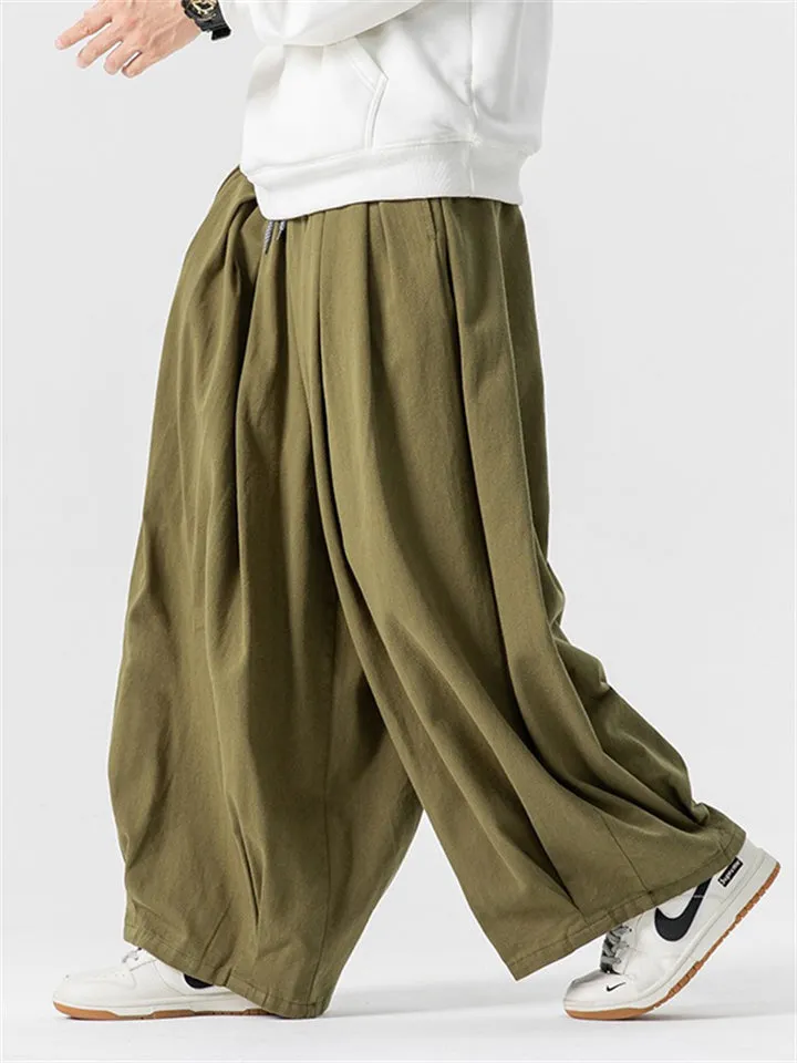 Simple Relaxed Fit Drawstring Wide Leg Pants for Men