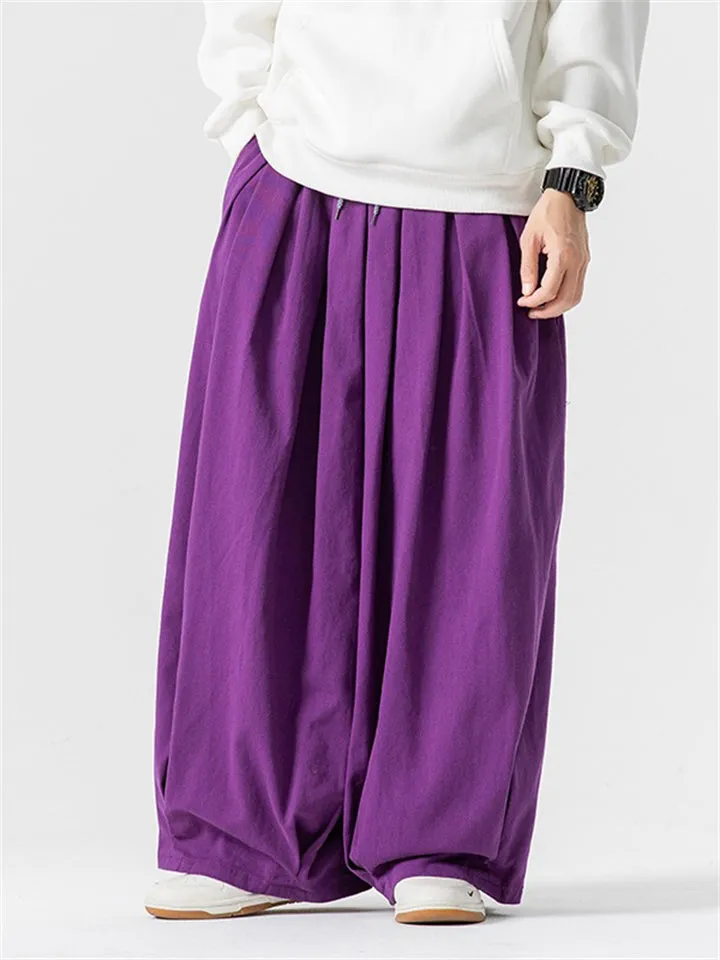 Simple Relaxed Fit Drawstring Wide Leg Pants for Men