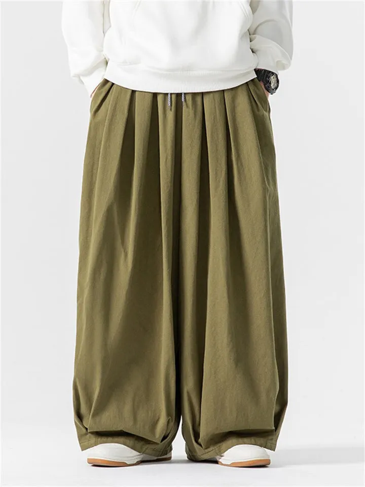 Simple Relaxed Fit Drawstring Wide Leg Pants for Men