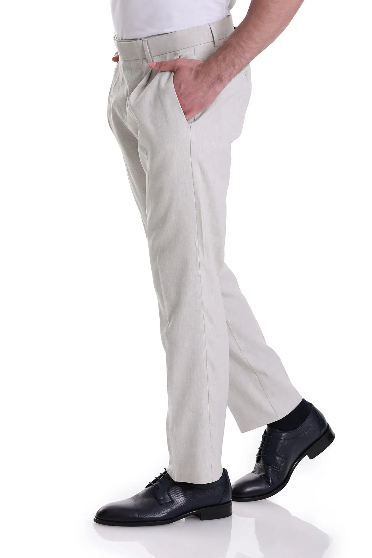 Slim Fit Beige High Waist Single Pleated Linen Dress Pants