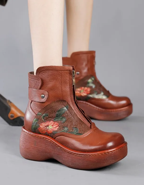 Waterproof Wild Head Retro Leather Platform Boots