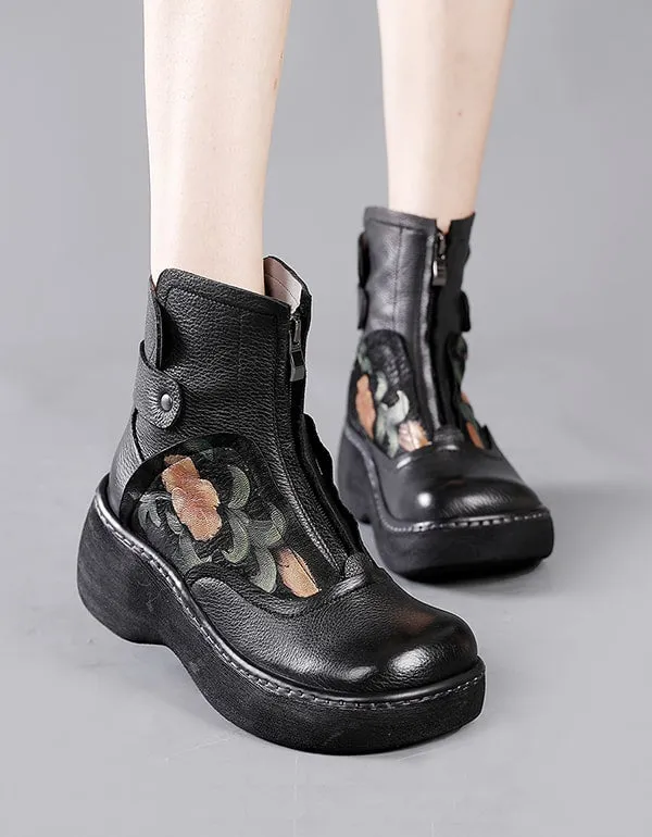 Waterproof Wild Head Retro Leather Platform Boots