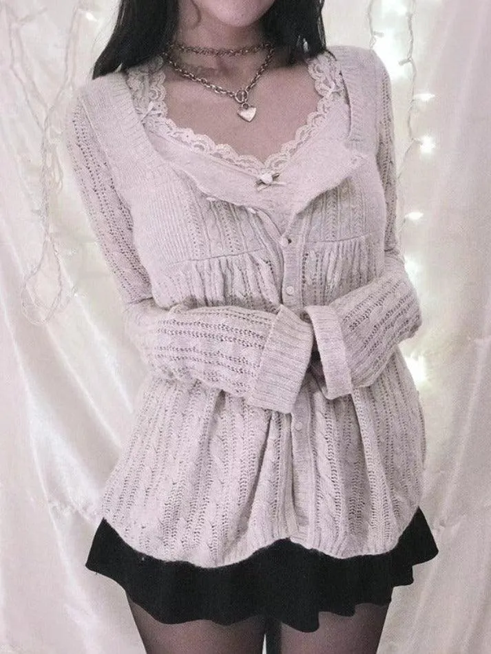 Wenkouban-Spring Casual Outfits Y2K Outfits Solid Pointelle Square Neck Knit Cardigan