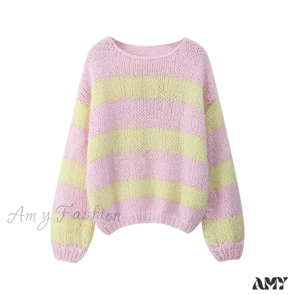 Women Oversized Striped Fashion Color Block Long Sleeve Casual Trendy Chic Stylish Cozy Warm Sweater