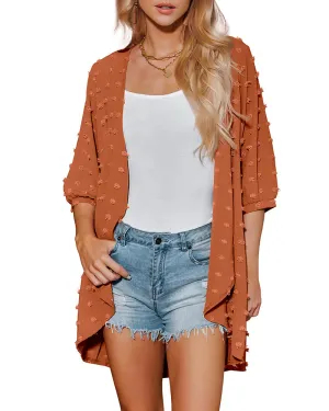 Women Swiss Dot Chiffon Cardigan Lightweight Beach Cover Up 3/4 Sleeve Cardigan - Zeagoo (Us Only)