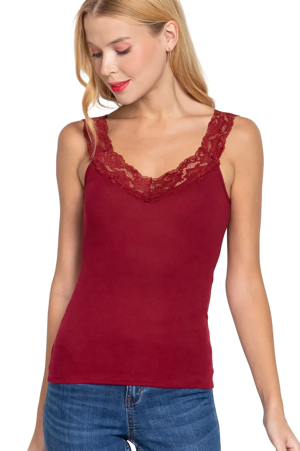 Womens- V Neck Lace Trimmed Cami Rib Knit Tank Top