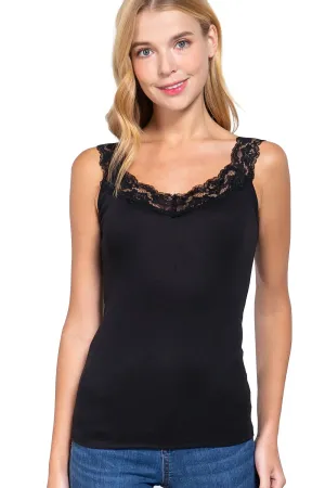 Womens- V Neck Lace Trimmed Cami Rib Knit Tank Top