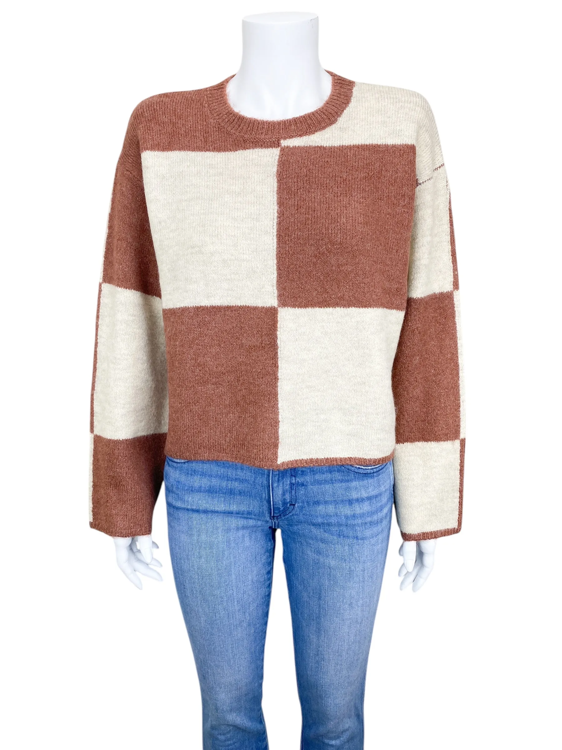 Z Supply Women's Cozy Cropped Check Sweater Brown Ivory Size S